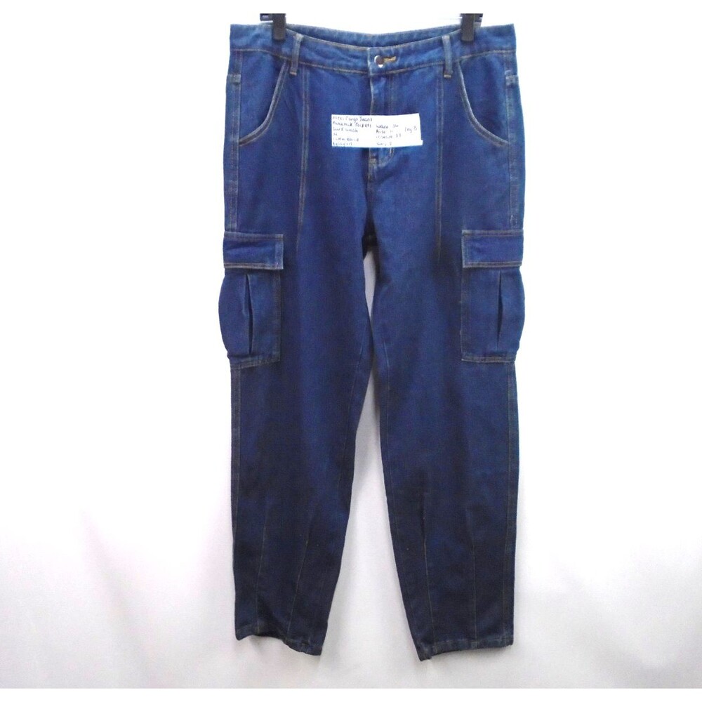 Men Denim Workwear Cargo Pants Size XL (36x33) Relaxed Fit Blue Parachute Pocket